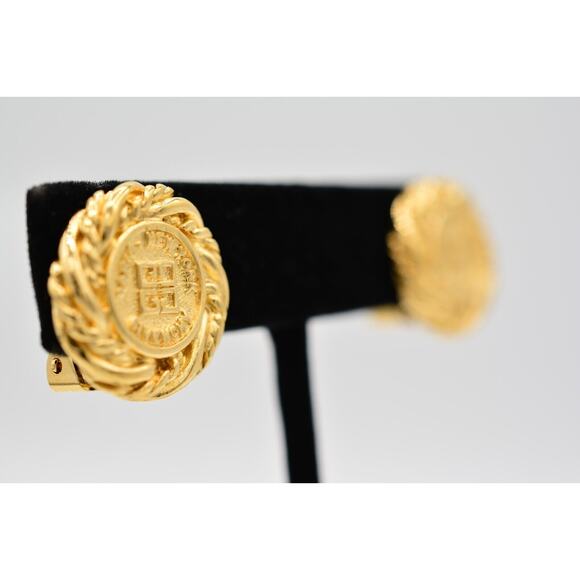 Givenchy Vintage Logo Clip On Earrings 4G Coin Round Gold Signed 80s 1980s BinAI - Picture 4 of 12